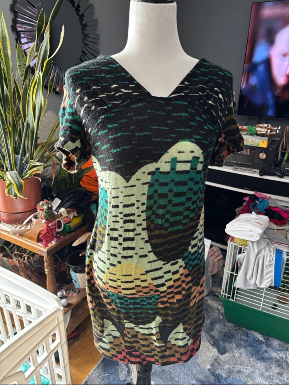 Abstract Pattern V-Neck Midi  sweater Dress